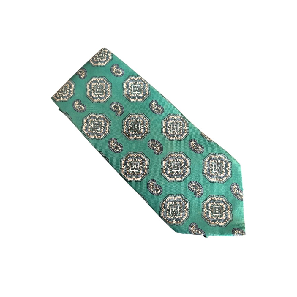 Gant 100% Silk Tie Green Geometric Paisley Pattern Made‎ in USA 59.5" x 3.25"